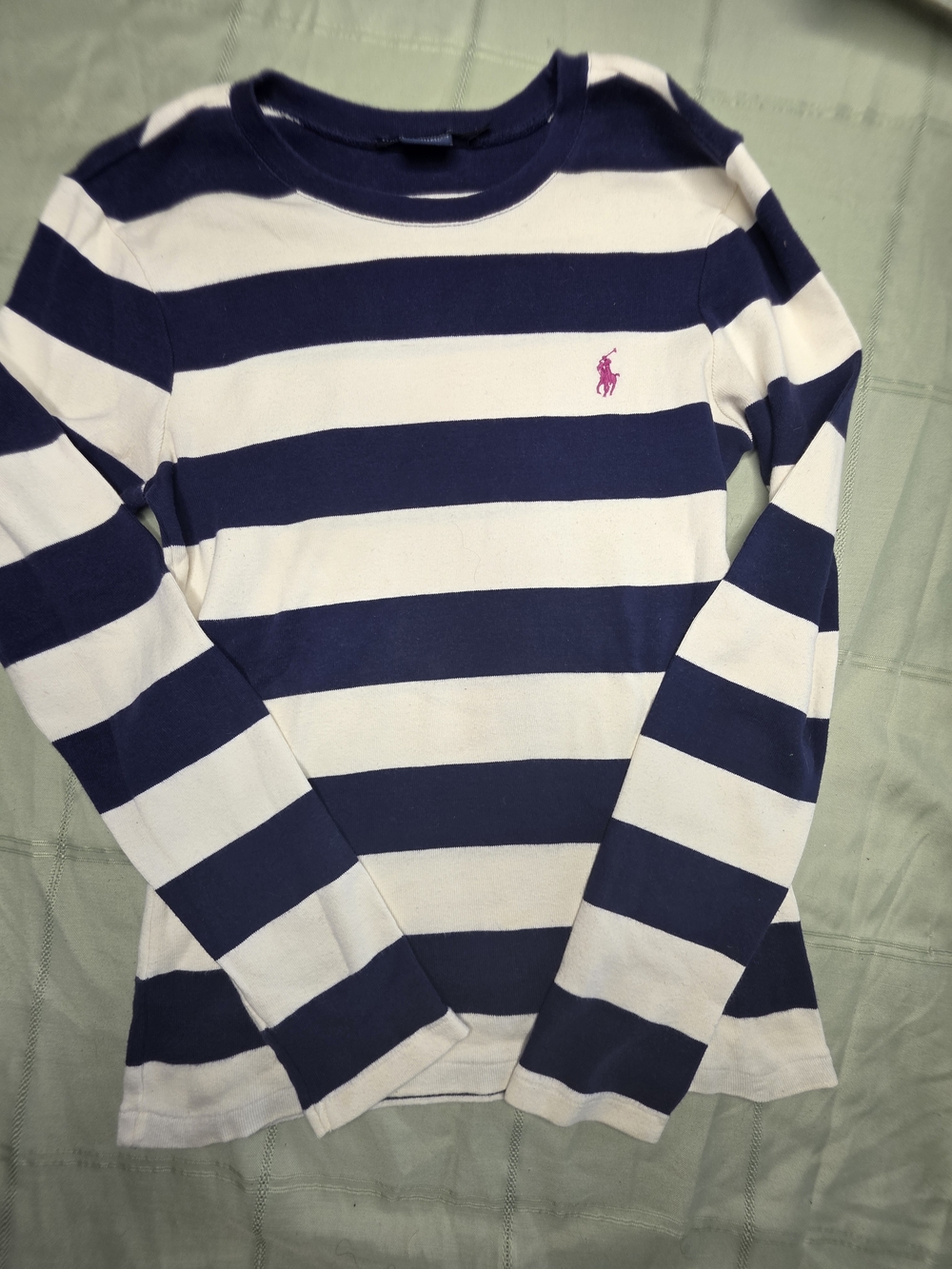 Ralph Lauren Sport Navy & White Striped Long Sleeve Tee Pink Pony Size M